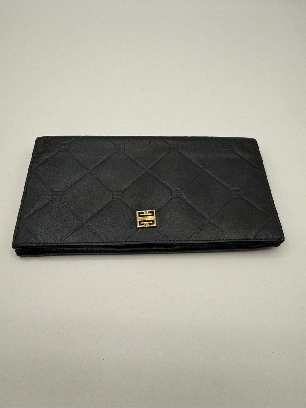 VTG Dark blue Quilted Leather Clutch with Gold Accent